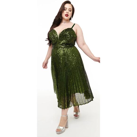 Unique Vintage 1950’s Emerald Green Pleated Sequin Swing Dress 1X NWOT - Picture 3 of 4